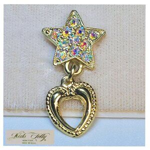 Small KIRKS FOLLY STAR & HEART Crystal Goldtone Tac Lapel Pin Signed